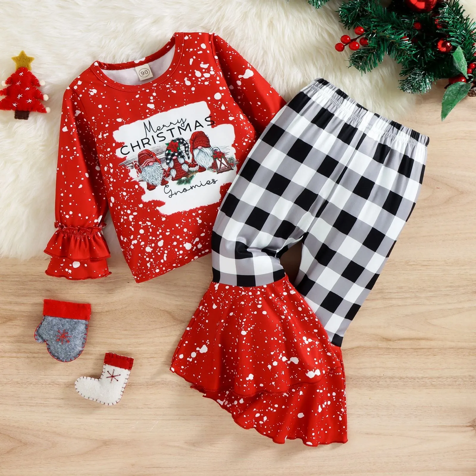 2 Pieces Set Baby Kid Girls Christmas Letters Cartoon Tops And Checked Pants Wholesale 23112812