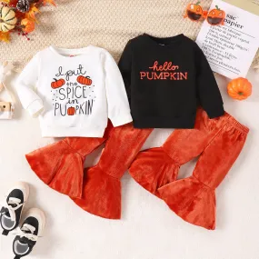 2 Pieces Set Baby Kid Girls Halloween Letters Print Tops And Solid Color Pants Wholesale 24011116