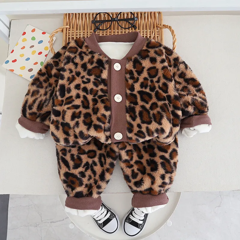 2 Pieces Set Baby Kid Girls Solid Color Leopard Cardigan And Pants Wholesale 231130128