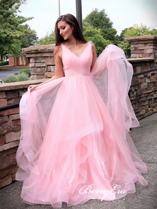 2020 Pink A-line Long Prom Dresses, Beaded Newest Prom Dresses