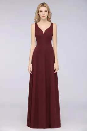 A-Line Chiffon V-Neck Straps Sleeveless Open Back Long Bridesmaid Dress