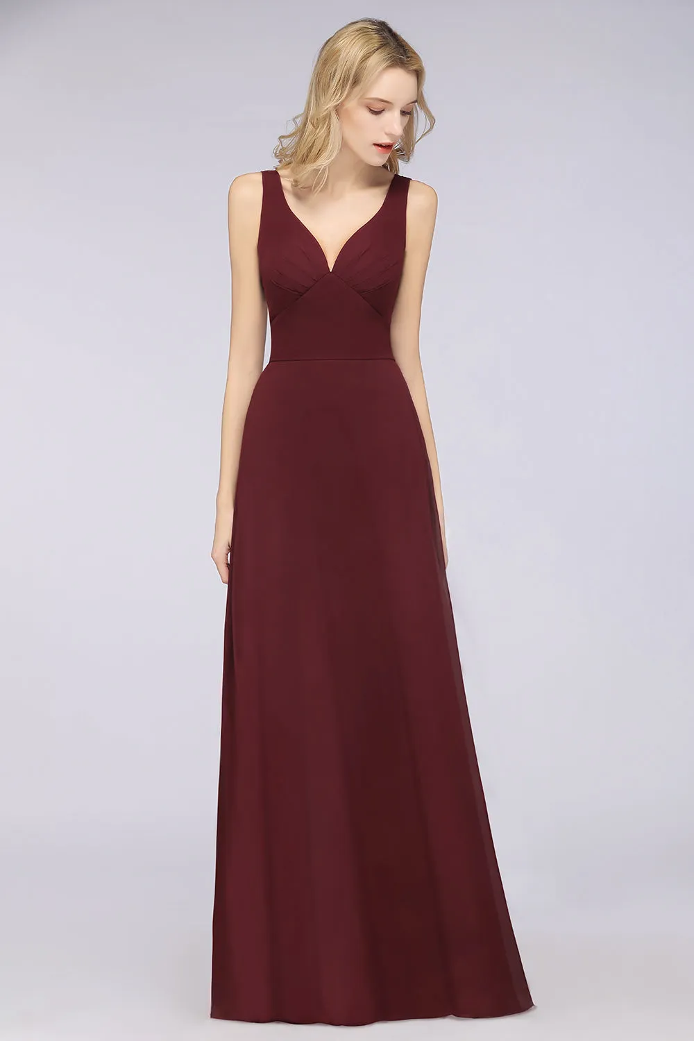 A-Line Chiffon V-Neck Straps Sleeveless Open Back Long Bridesmaid Dress