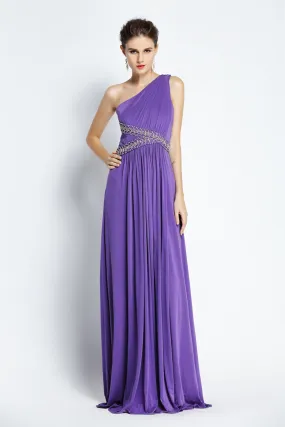 A-Line Floor-length One-shoulder Chiffon Sleeveless Prom Dress with Beading and Ruching-334091