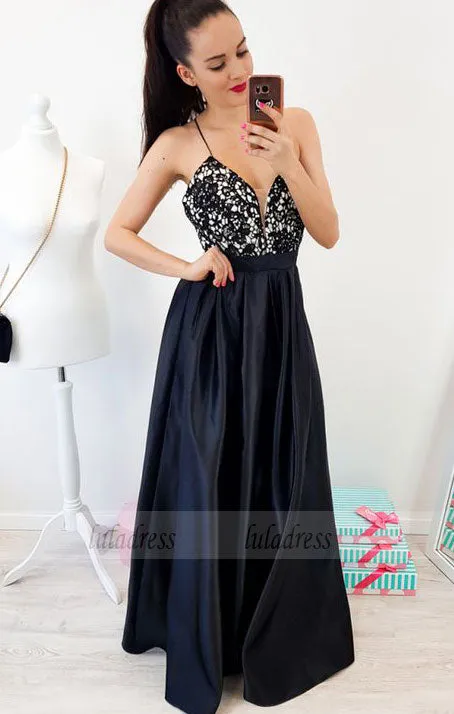 A-Line Spaghetti Straps Backless Floor-Length Black Prom Dress with Lace,BD99544