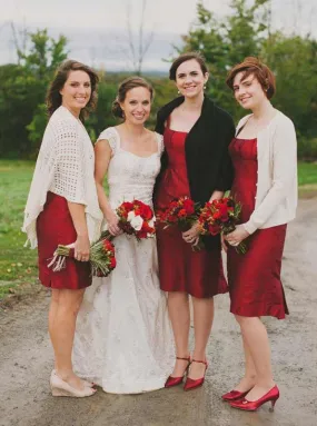 A-Line Square Neck Knee Length Red Elastic Satin Bridesmaid Dress