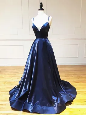 A Line V Neck Backless Navy Blue Prom Dresses, Open Back Navy Blue Formal Evening Dresses