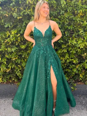 A Line V Neck Green Lace Long Prom Dresses, Green Lace Formal Dresses, Green Evening Dresses SP2535