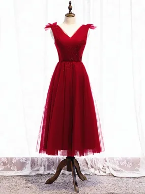 A Line V Neck Red Tea Length Prom Dress with Corset Back, Red Tea Length Formal Graduation Dresses