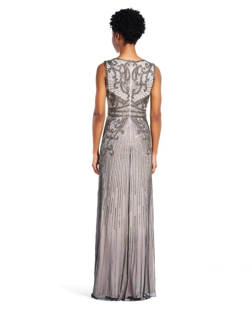 Adrianna Papell AP1E200237 Sleeveless V-Neckline Embellished Long Dress - 1 pc Platinum In Size 4 Available