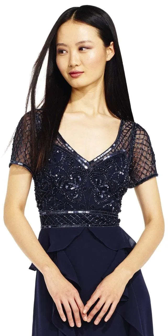 Adrianna Papell - AP1E201086 Bedazzled V-neck A-line Dress