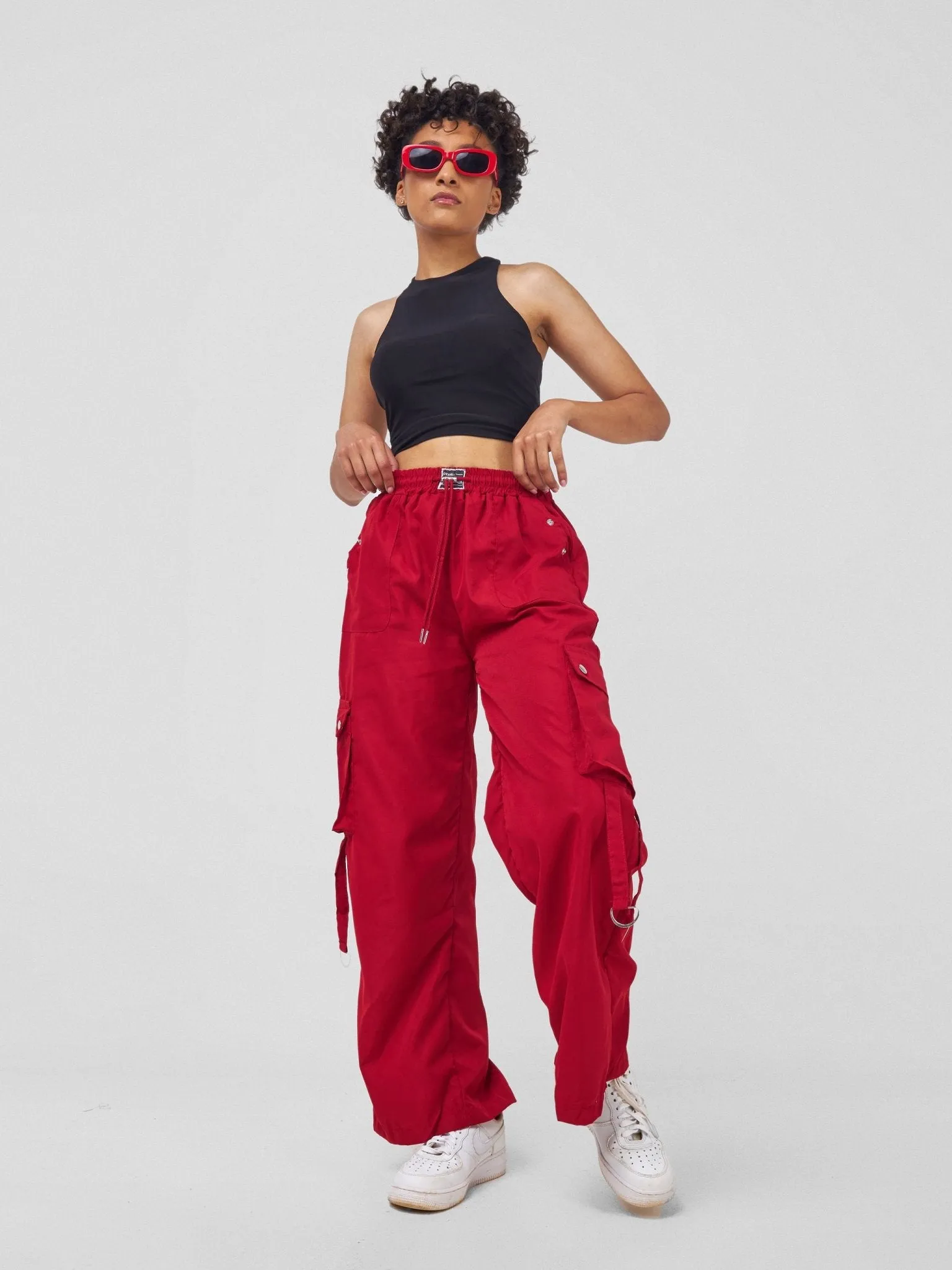 Anika Midi Rise ''Design'' Straight Fit Cargo Trousers - Red