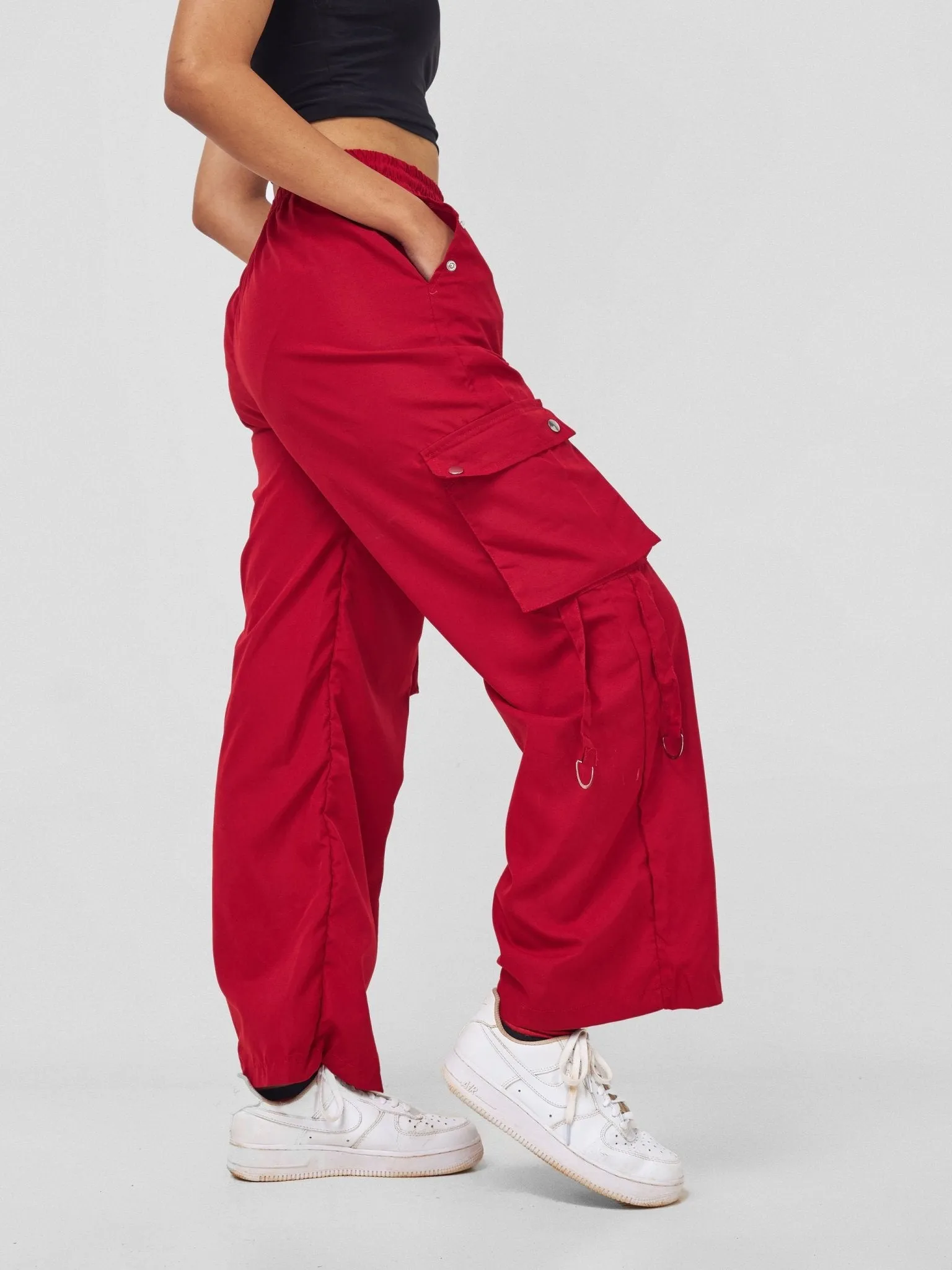 Anika Midi Rise ''Design'' Straight Fit Cargo Trousers - Red