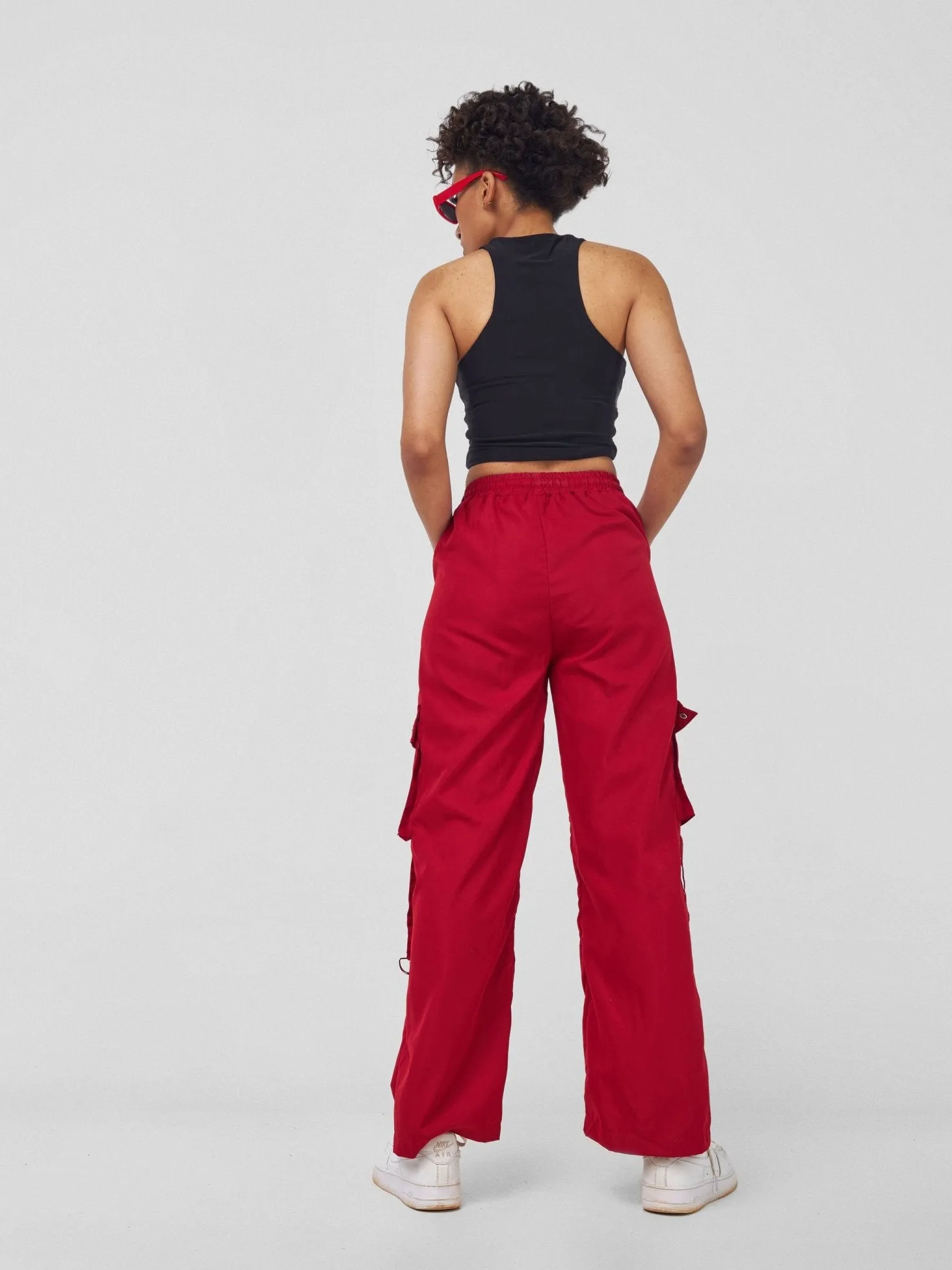 Anika Midi Rise ''Design'' Straight Fit Cargo Trousers - Red