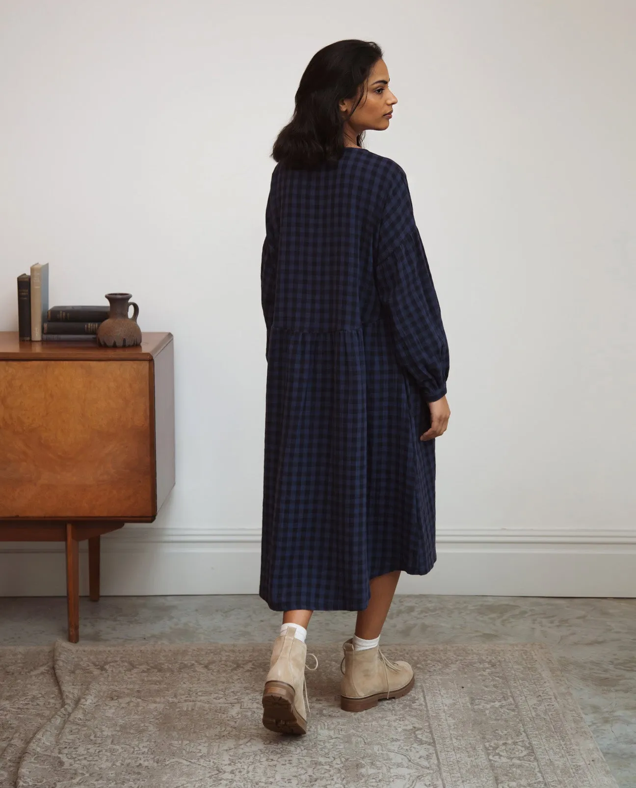 Beatrix-Gee Organic Cotton Dress In Navy Gingham