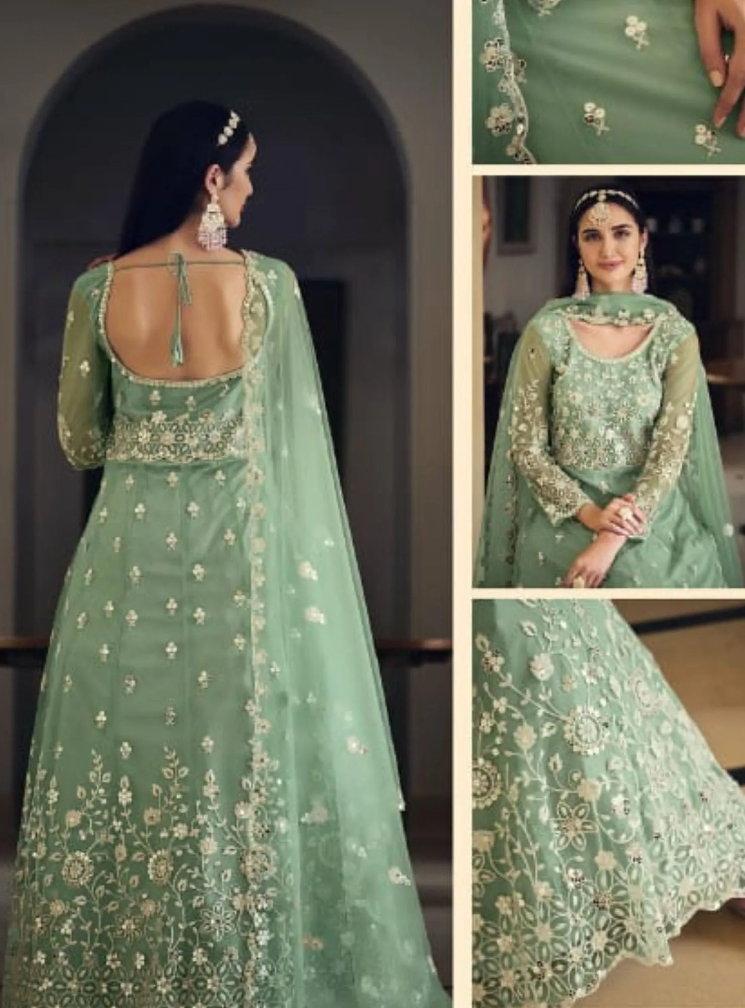 Beautiful green butterfly net embroidered anarkali - rent