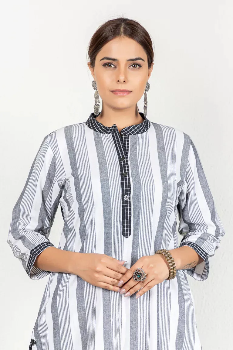 Black & White Woven Striped Kurta