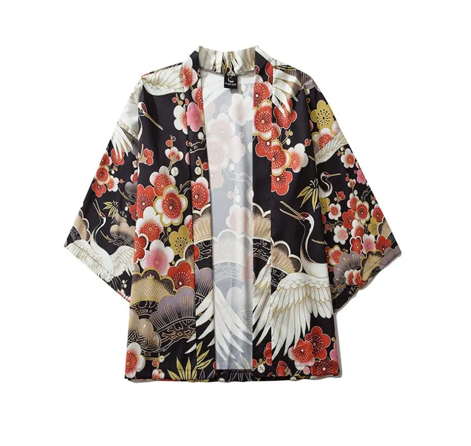 Black Floral Crane Kimono Shirt | Anime Kimono