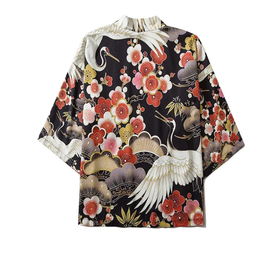 Black Floral Crane Kimono Shirt | Anime Kimono