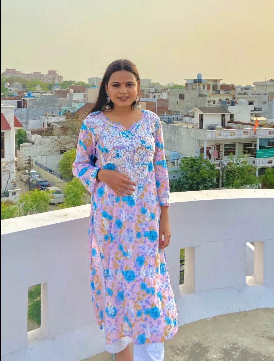 Blue Pink Mul mul cotton chikankari kurti