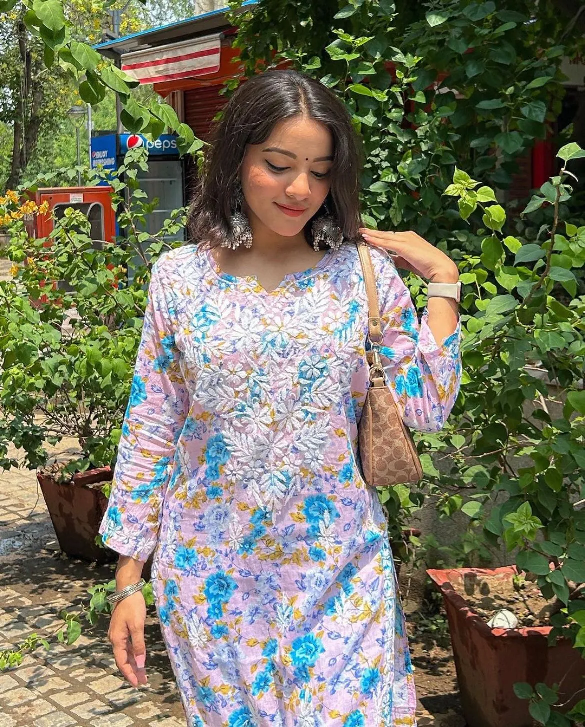 Blue Pink Mul mul cotton chikankari kurti