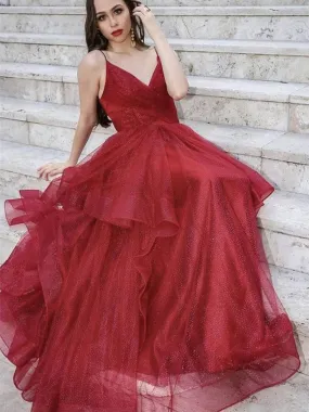 Burgundy Long A-line V-Neck Sparkly Tulle Graduation Prom Dresses