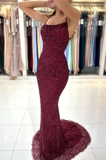 Burgundy Long Mermaid Sequined Backless Formal Prom Dresses