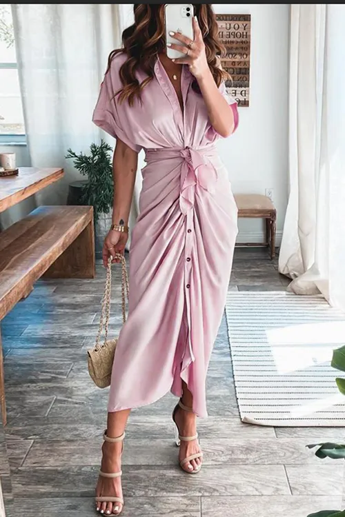 Button Knot Bat Drape Dress