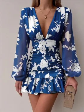 Deep V-Neck Floral Print Mini Dress