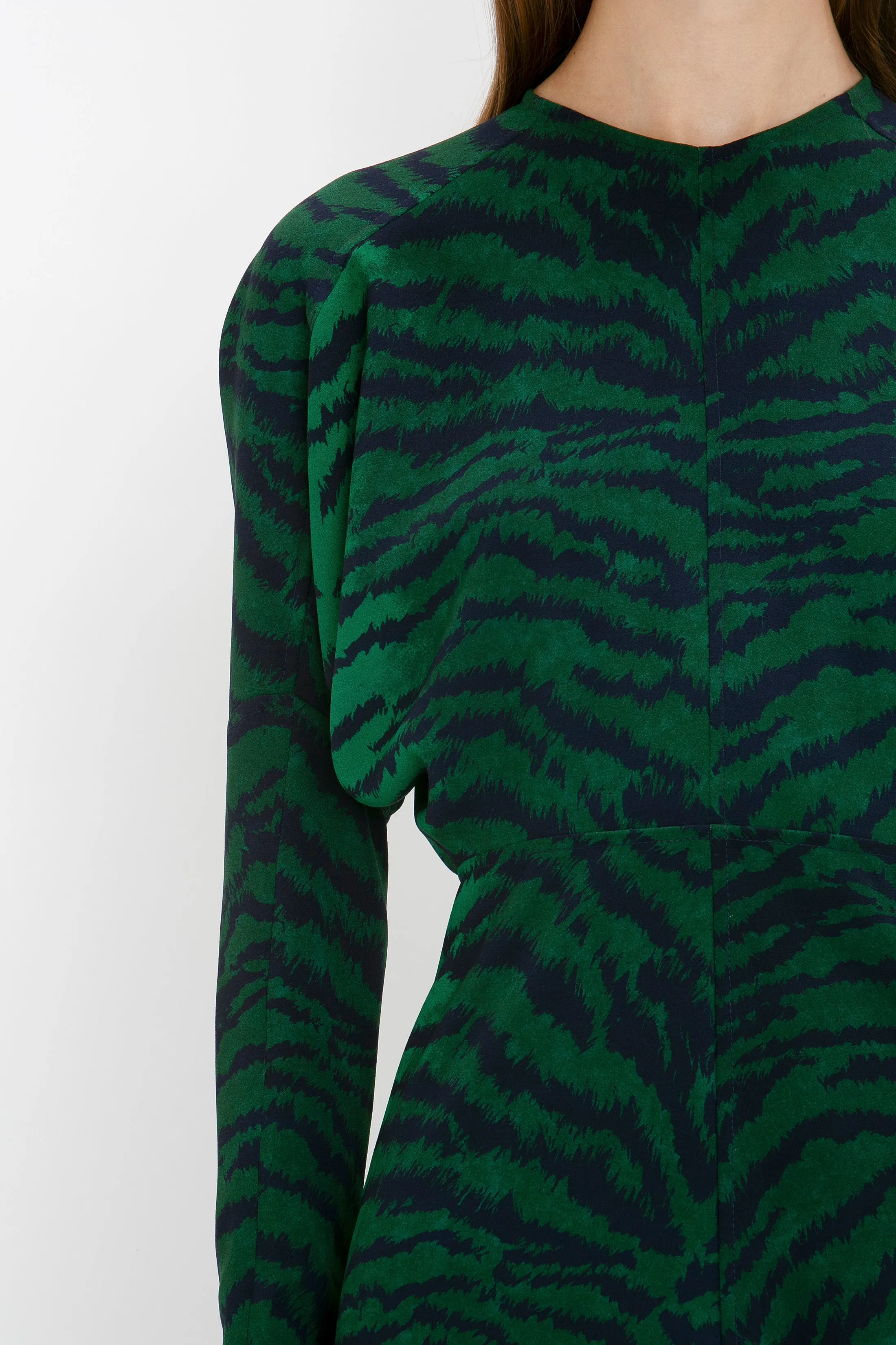 Dolman Midi Dress In Green-Navy Tiger Print