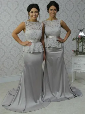 Elegant Scalloped-Edge Sweep Train Sheath Silver Bridesmaid Dress Lace Top