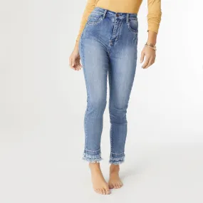 EverStretch High Rise Skinny Ankle with Double Fringe Bottom - Medium Denim