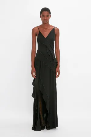 Exclusive Asymmetric Bias Frill Dress In Black