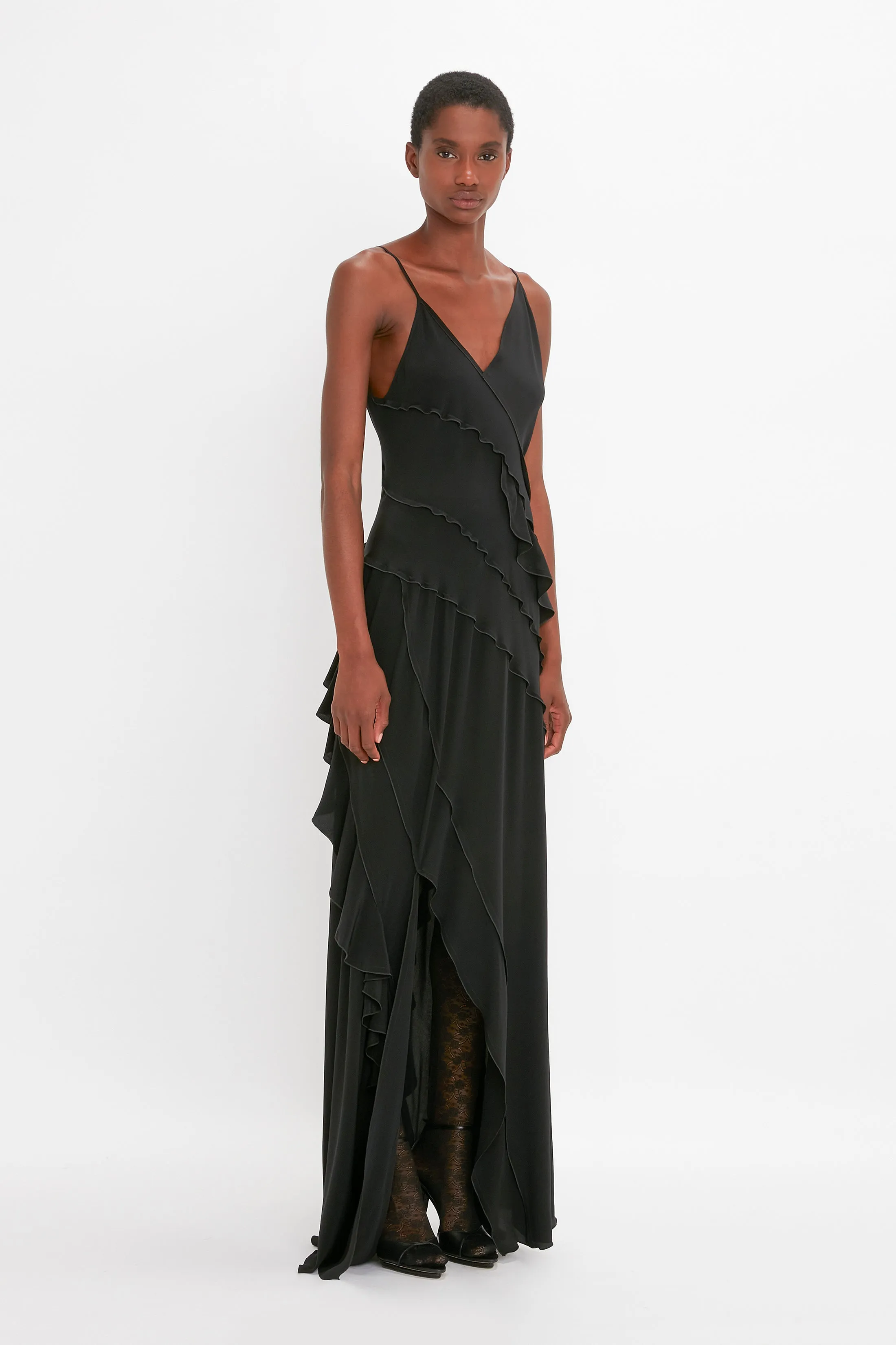 Exclusive Asymmetric Bias Frill Dress In Black