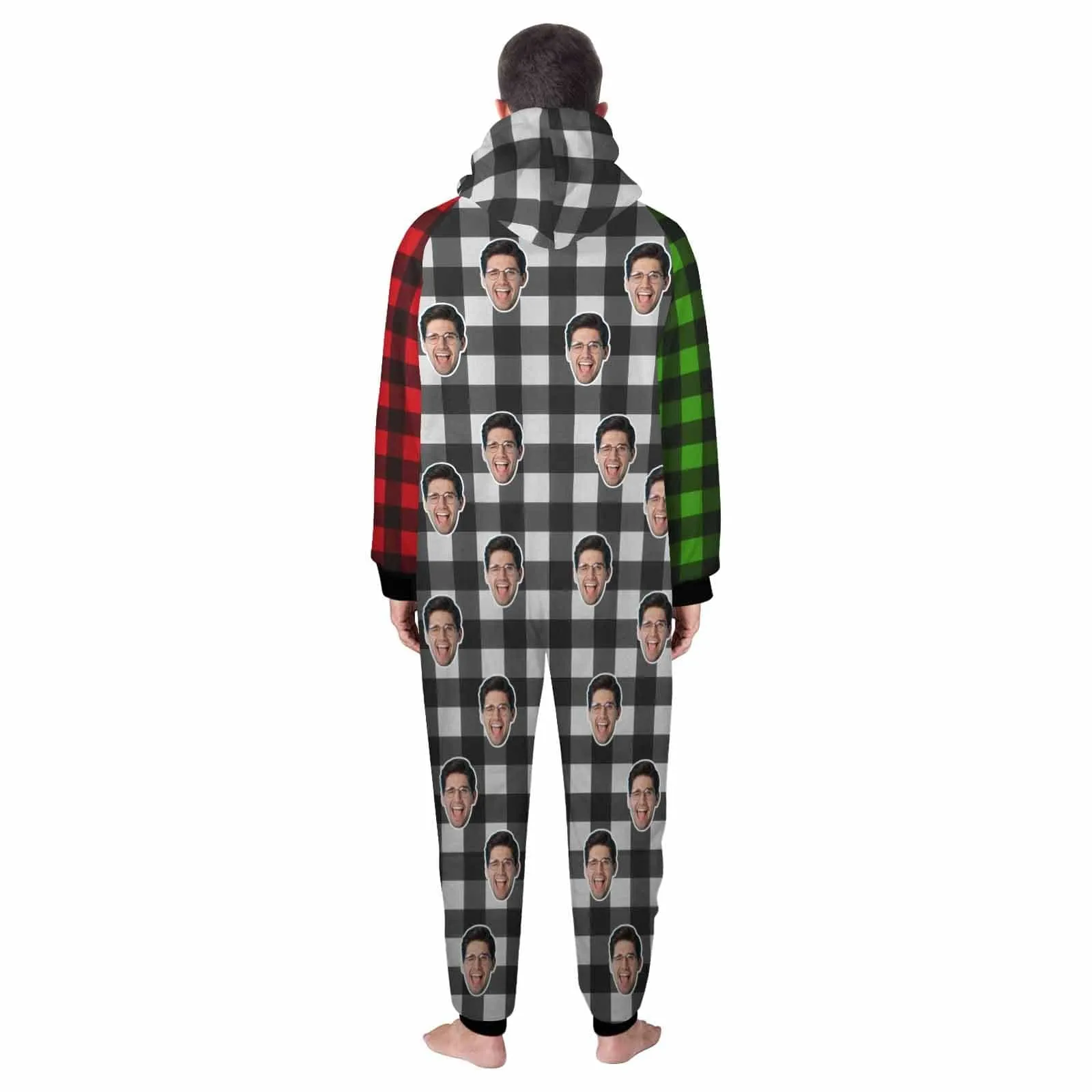 Funny Flannel Fleece Adult Onesie Pajamas Custom Face Christmas Red-Green Splice Jumpsuit Homewear