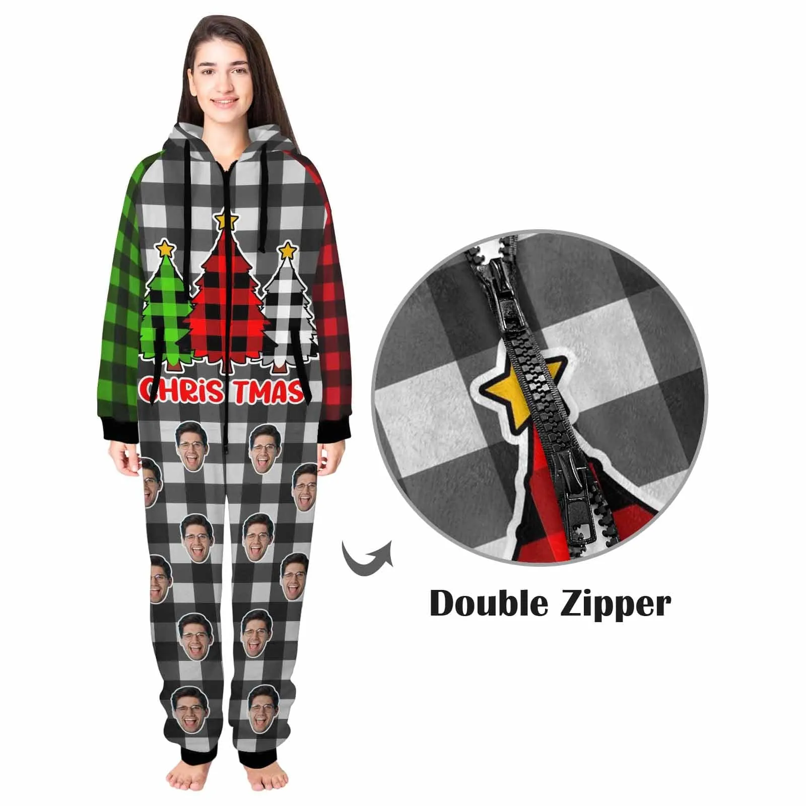 Funny Flannel Fleece Adult Onesie Pajamas Custom Face Christmas Red-Green Splice Jumpsuit Homewear