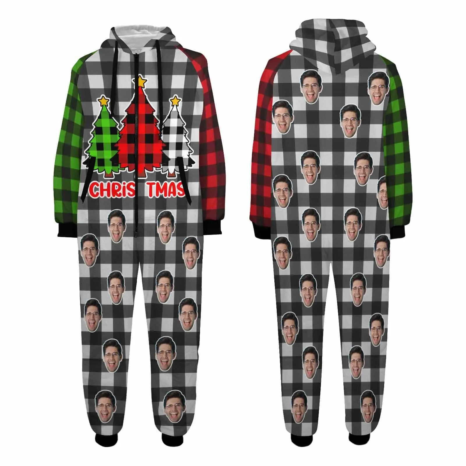 Funny Flannel Fleece Adult Onesie Pajamas Custom Face Christmas Red-Green Splice Jumpsuit Homewear