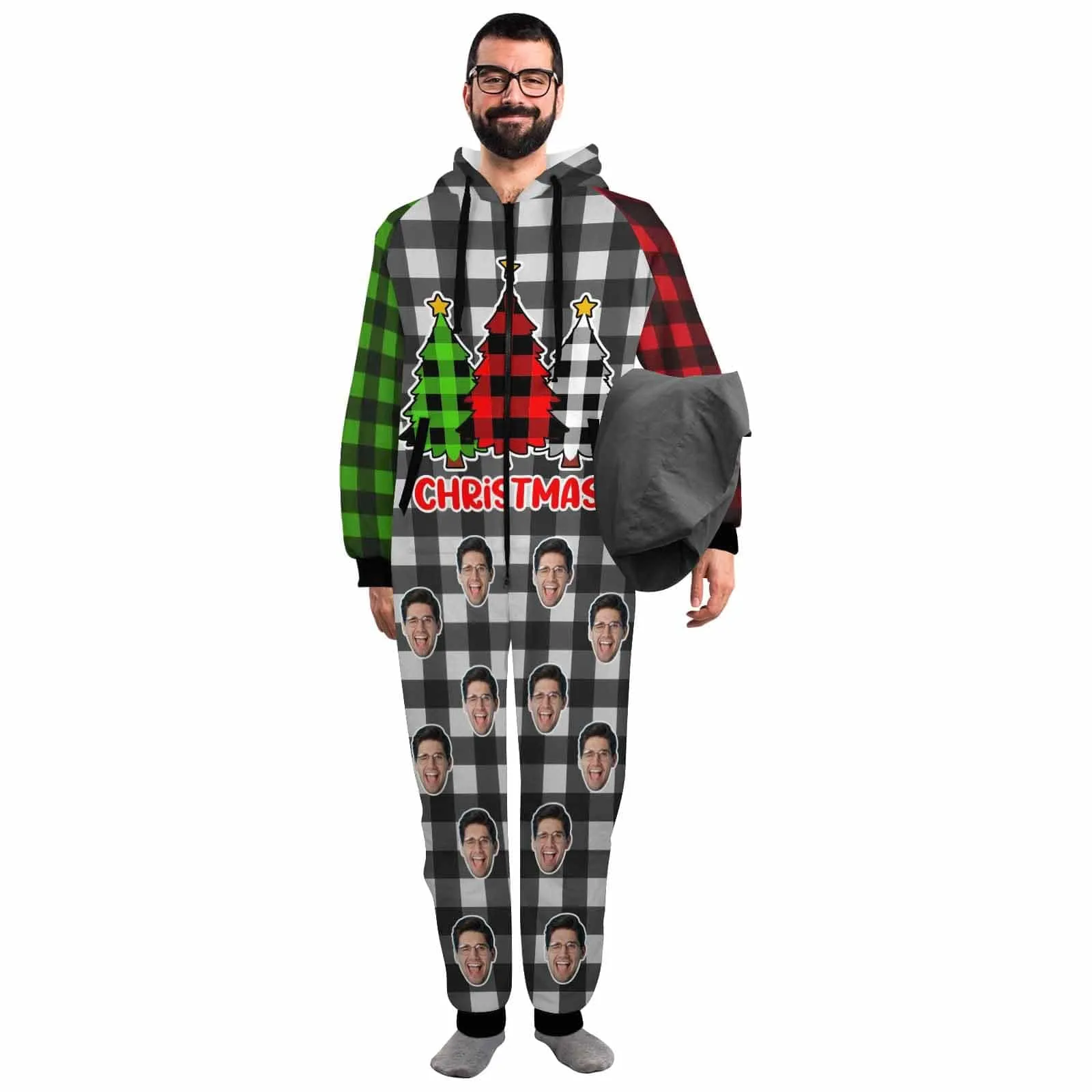 Funny Flannel Fleece Adult Onesie Pajamas Custom Face Christmas Red-Green Splice Jumpsuit Homewear