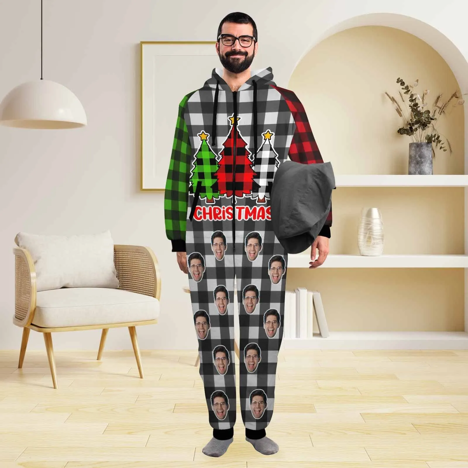 Funny Flannel Fleece Adult Onesie Pajamas Custom Face Christmas Red-Green Splice Jumpsuit Homewear