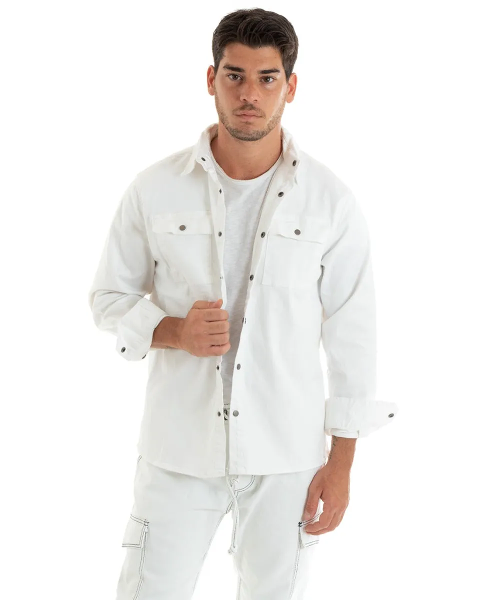 Giubbotto Uomo Giacca Jeans Con Colletto Camicione Denim Bianco GIOSAL-G3076A