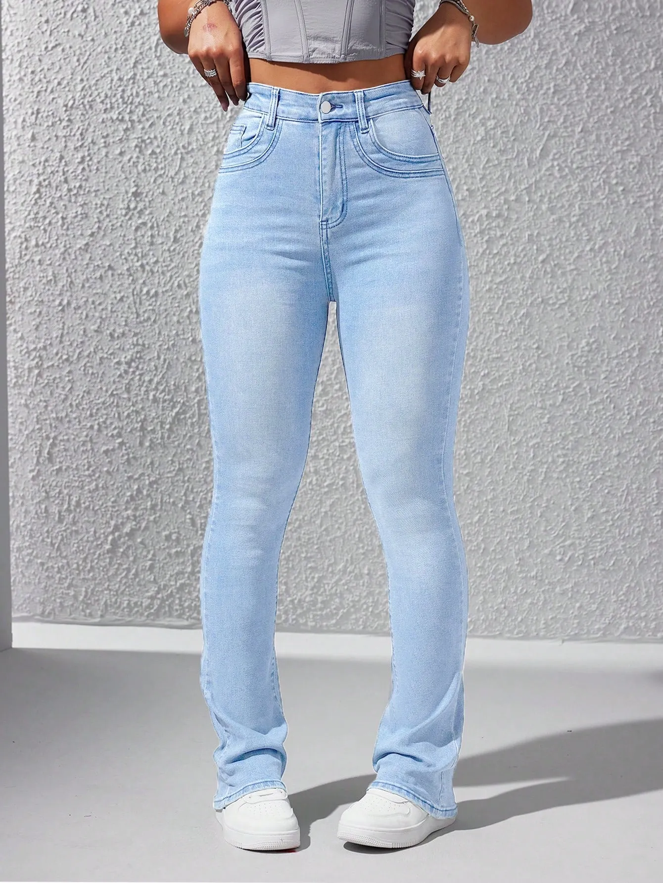 High Waist Bleach Wash Flare Leg Jeans