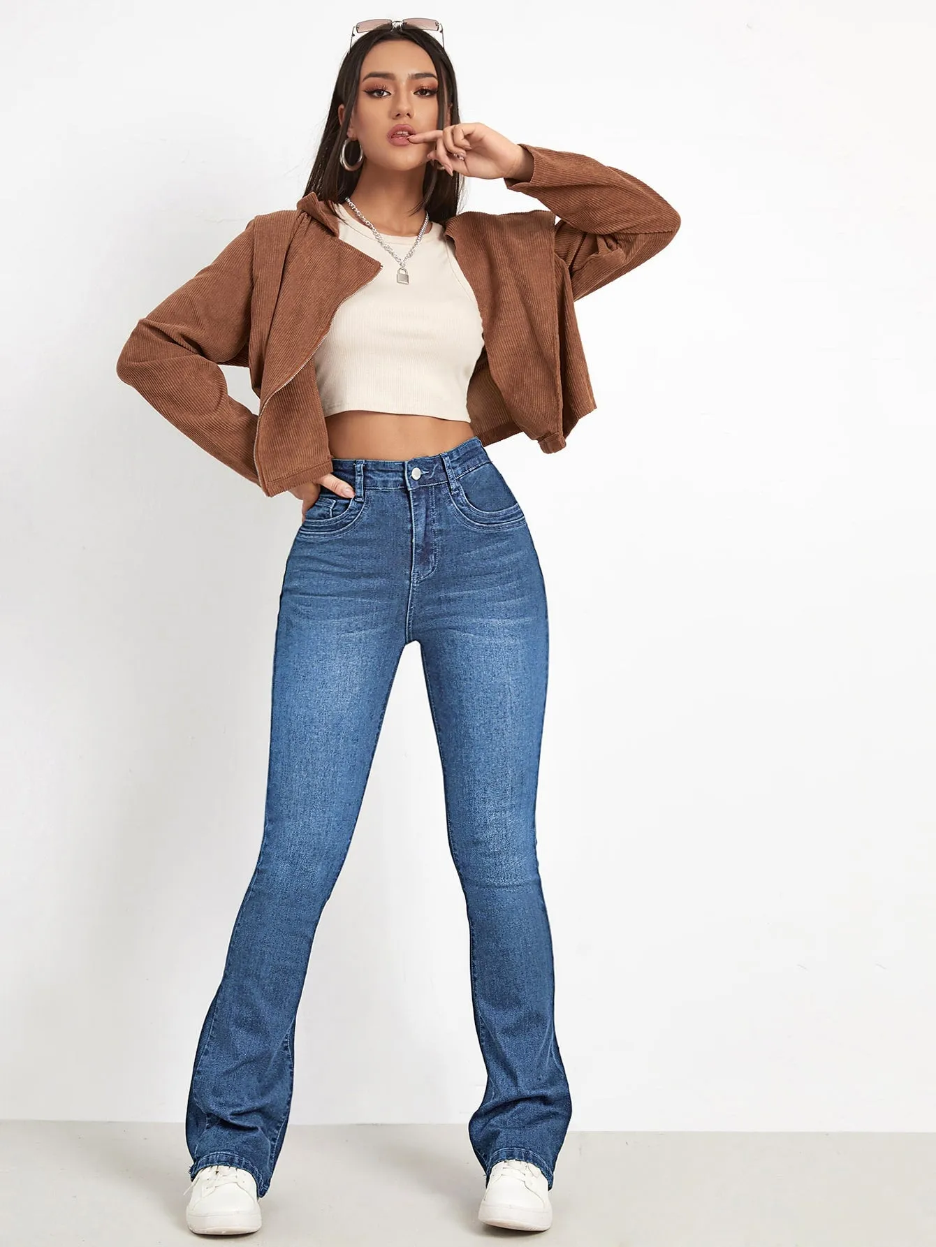 High Waist Bleach Wash Flare Leg Jeans