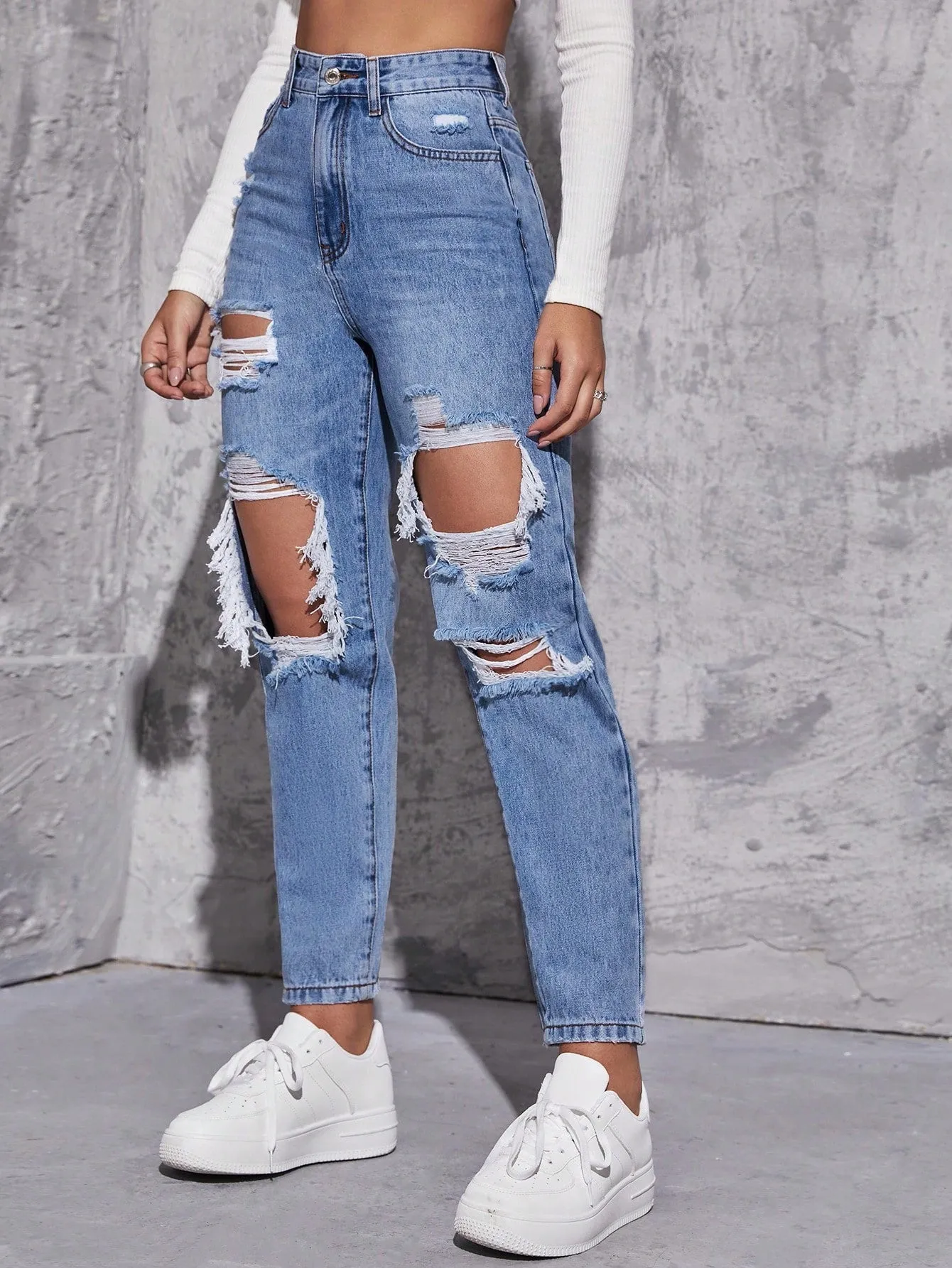 High Waist Ripped Mom Fit Jeans