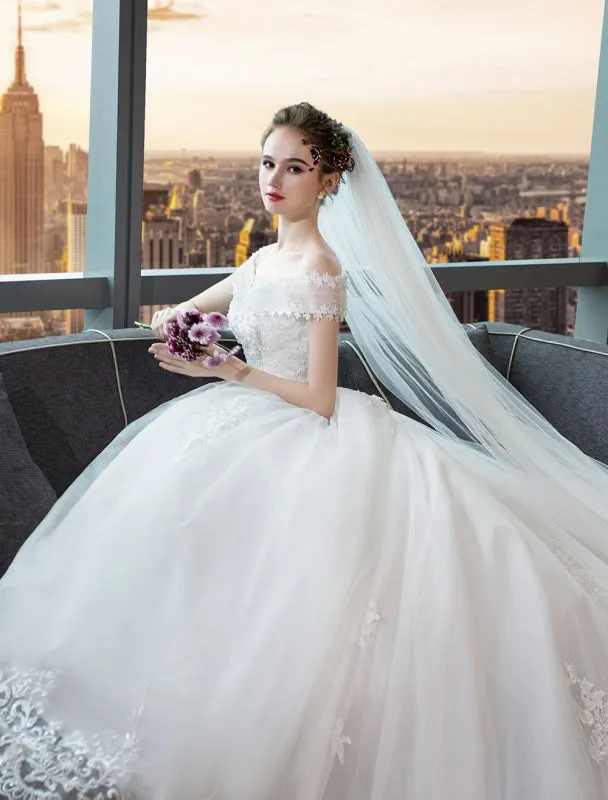 Ivory Wedding Dresses Off The Shoulder Lace Beading Cathedral Train Bridal Dress