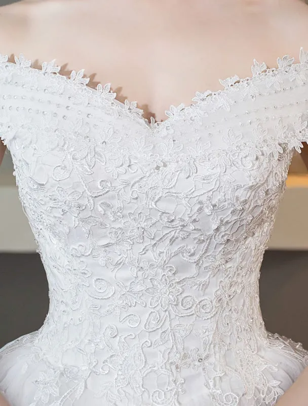 Ivory Wedding Dresses Off The Shoulder Lace Beading Cathedral Train Bridal Dress