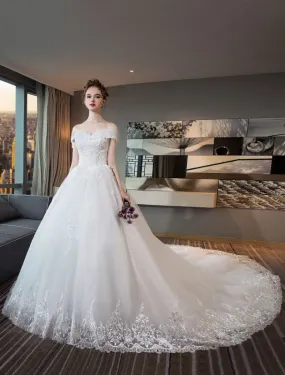 Ivory Wedding Dresses Off The Shoulder Lace Beading Cathedral Train Bridal Dress