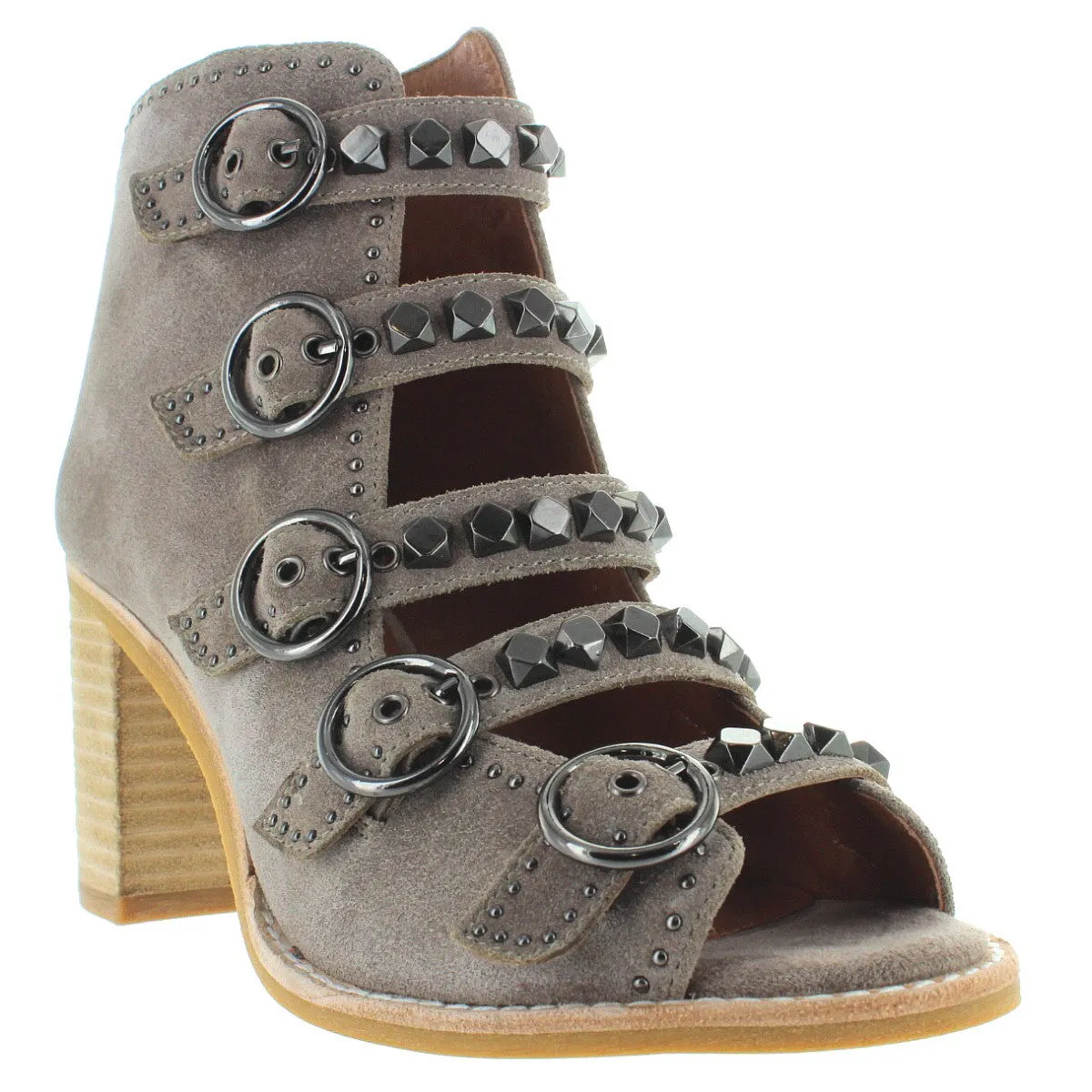 Jeffrey Campbell Bess - Taupe Suede Studded Buckle Strap Sandal Bootie