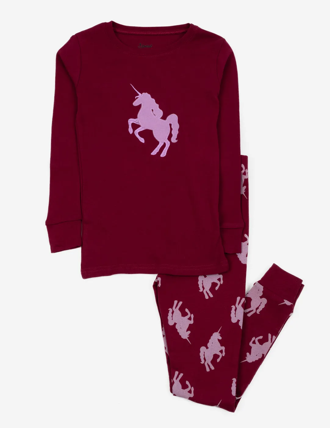 Kids Two Piece Maroon Unicorn Pajamas