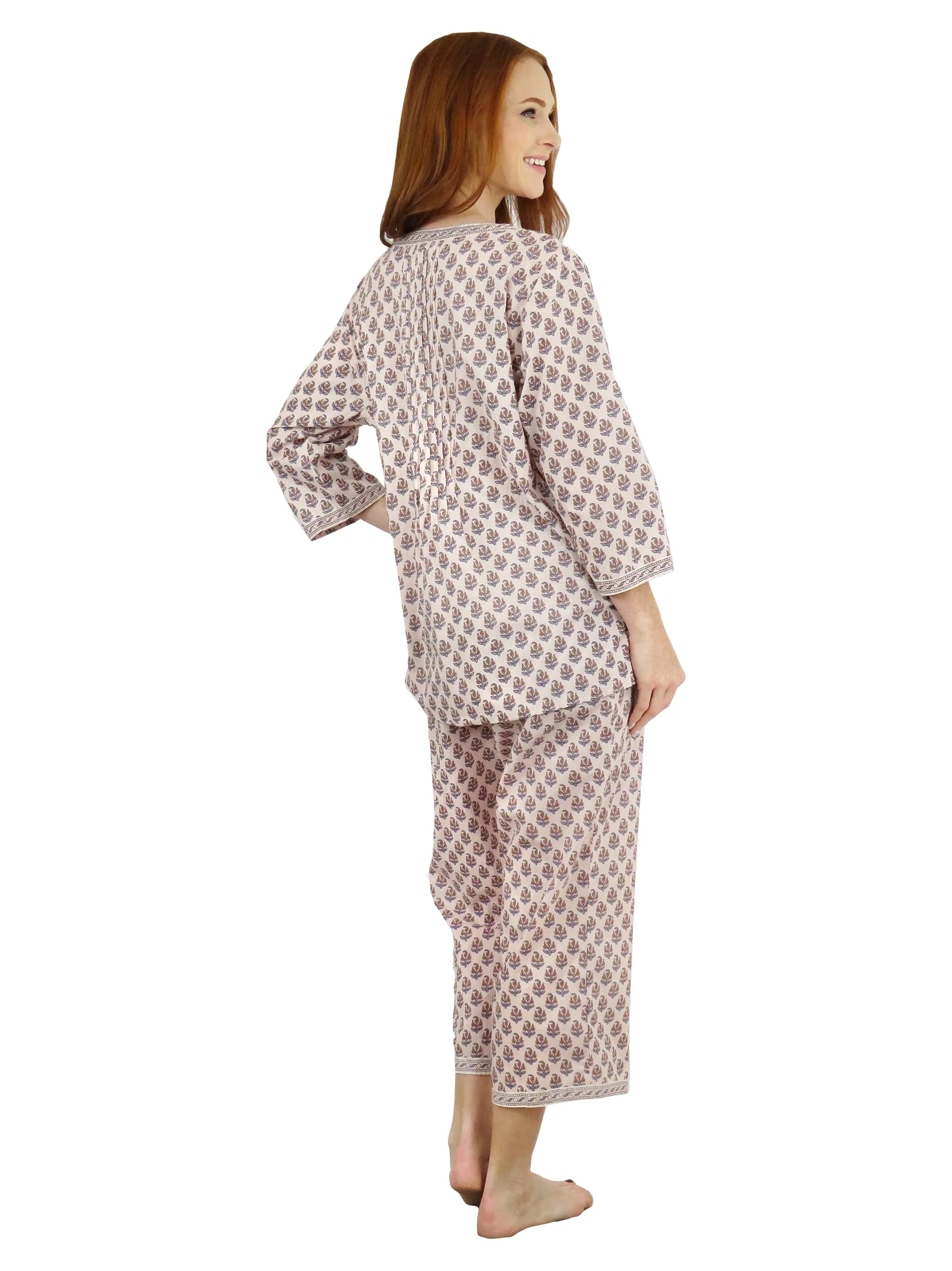 La Cera Floral 3/4 Sleeve Pleat Front Capri Pajama Set