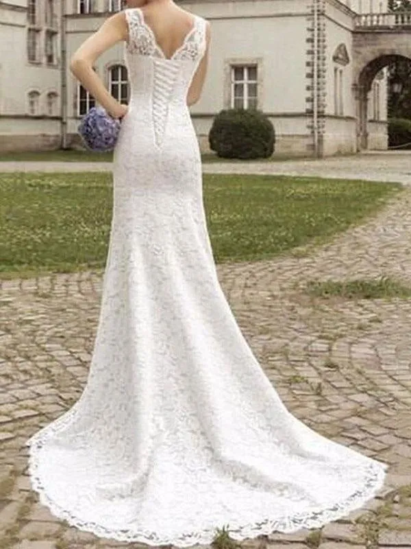 Lace Wedding Dress Mermaid V Neck Sleeveless Floor Length With Train Beach Bridal Gowns