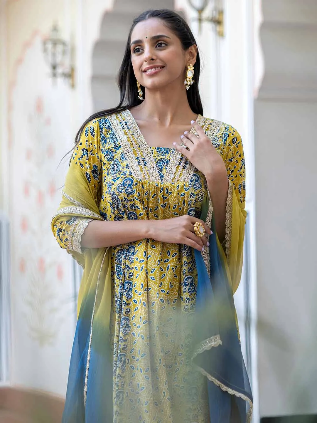 Lime Green Cotton Embellished Ethnic Printed Kurta with Flared Palazzo and Dupatta